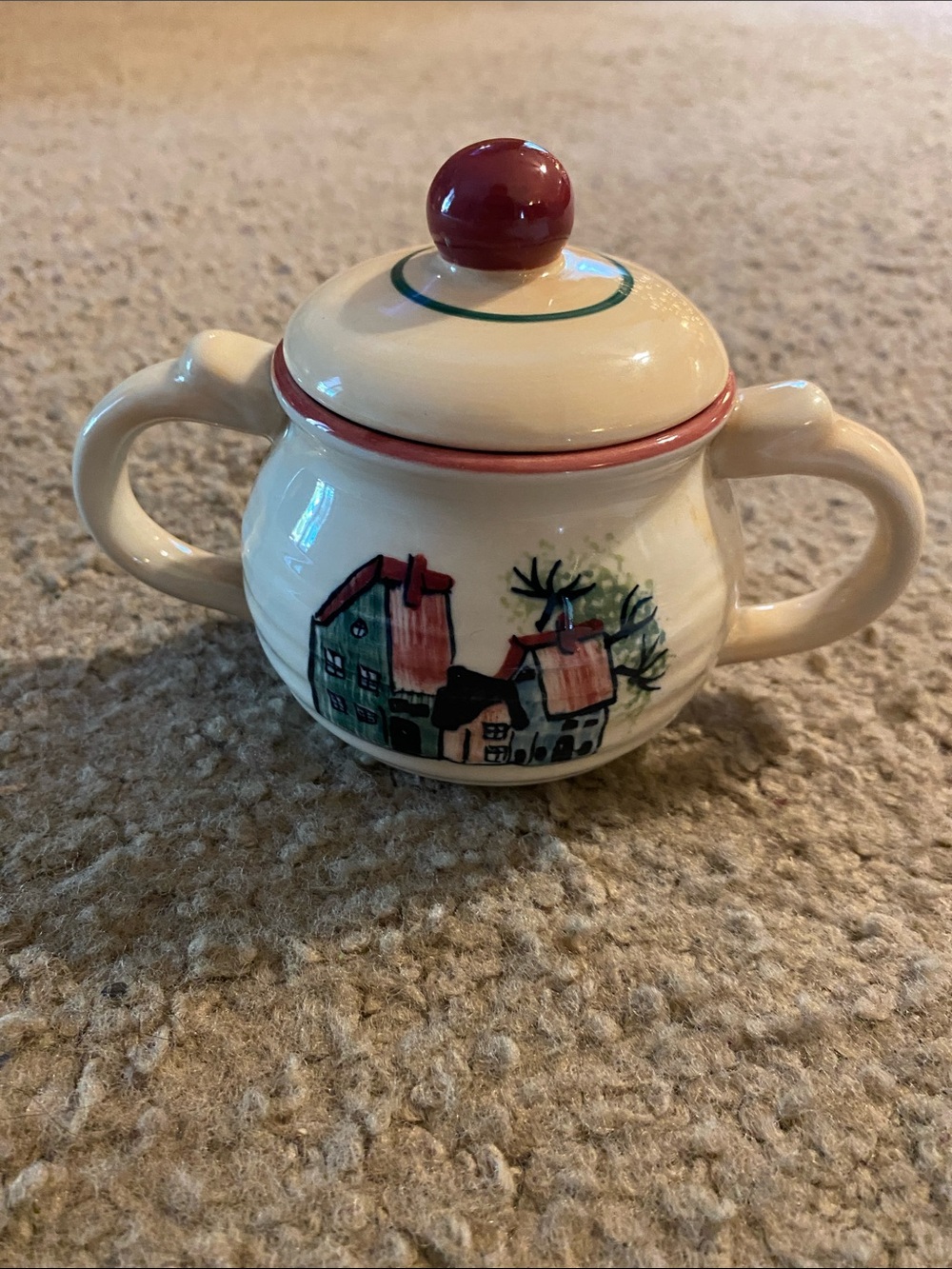 Blue Sky Cream Ceramic Two-Handled Sugar Bowl with Red Knob